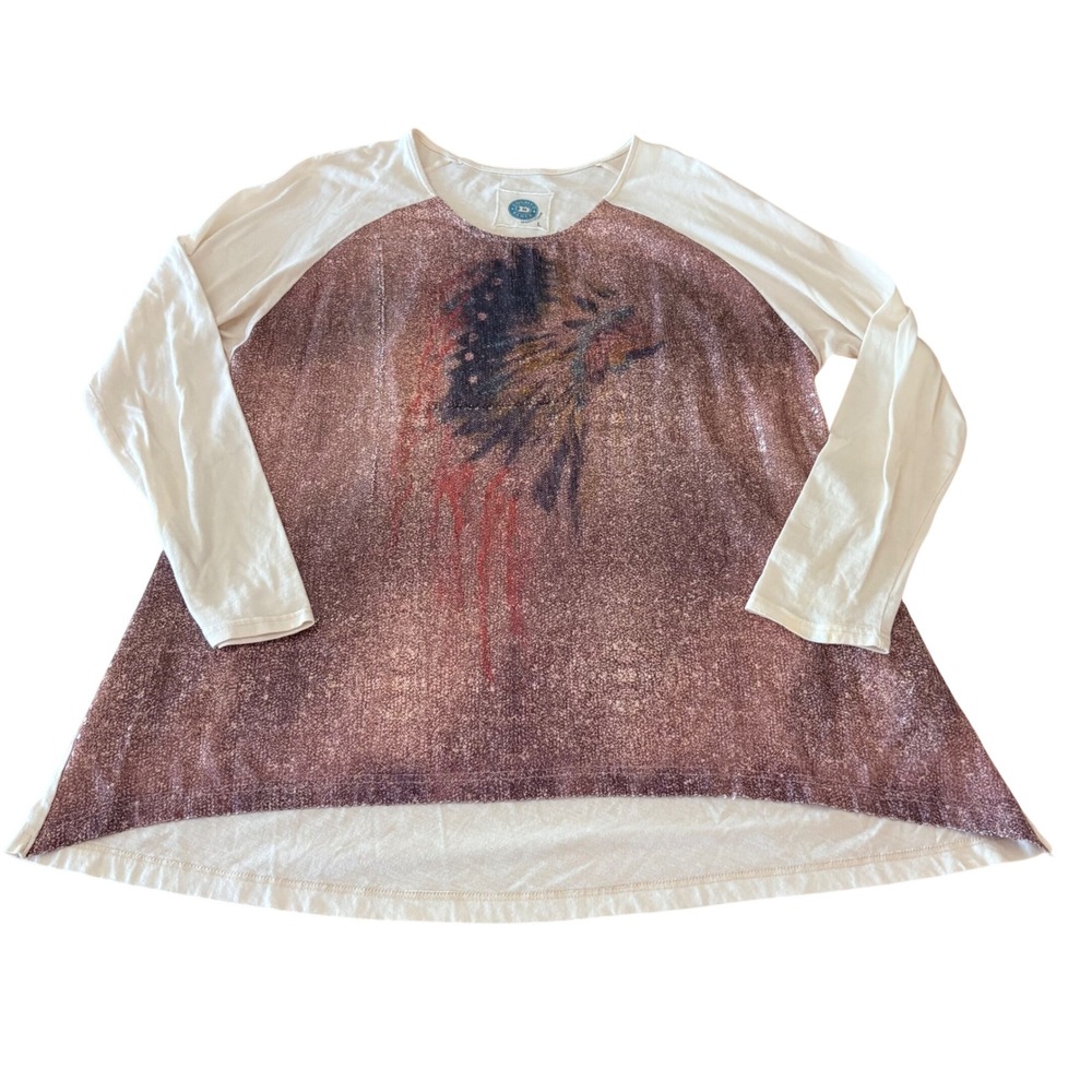 Double D Ranch Sequin Headdress Raglan High Low Top Cream Copper Large Flaw